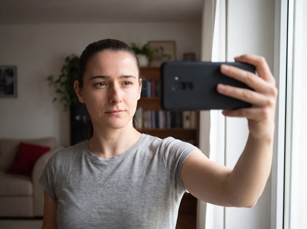 Evde pencere önünde telefonla selfie çeken kadın